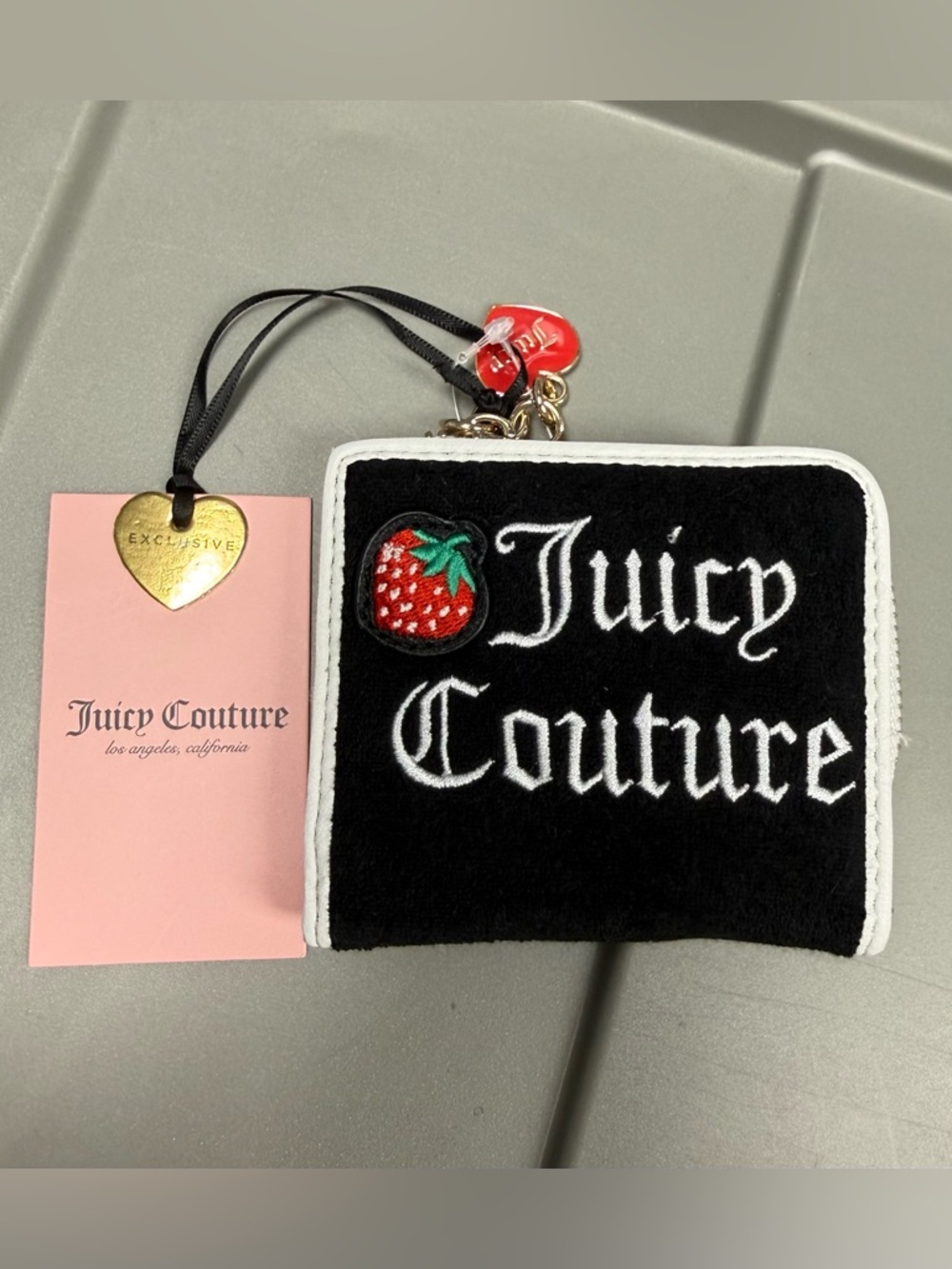 Juicy Couture wallet credit card zip coin ID holder black embroidered strawberry
